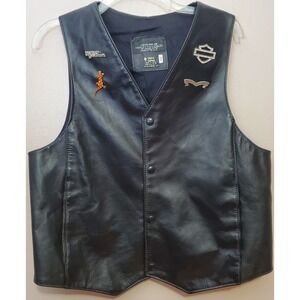 Vintage‎ Black Leather Biker Vest Harley-Davidson Charlotte 42 Large Snap Front